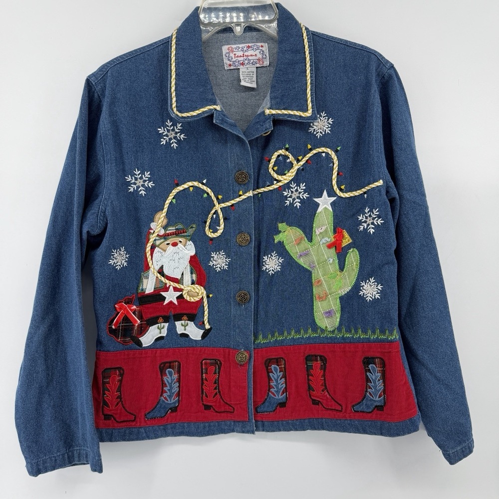 Christmas Denim Jacket Womens L Embroidered Santa Cactus Western Theme Holiday